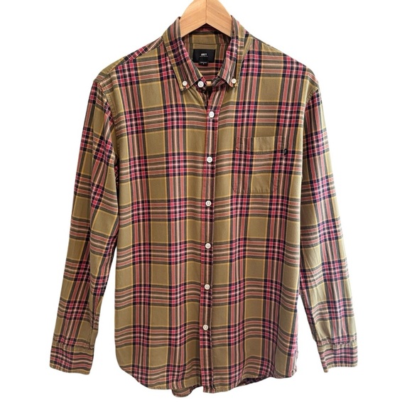 Obey Shirt Mens Small Plaid Button Down Fall Autumn Long Sleeve Brown Red Black - Picture 9 of 9